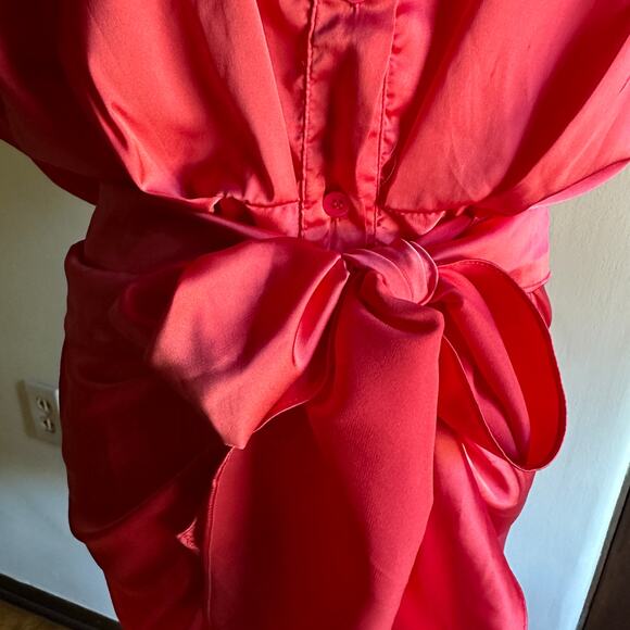 DO + BE | Pink Satin Tie Waist Short Sleeve Shirt Party Dress Draped Mini Medium - Picture 3 of 8